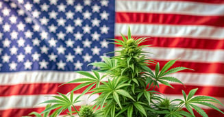 Cannabis plant with the American flag in the background, symbolizing the intersection of cannabis policy and U.S. legislation.