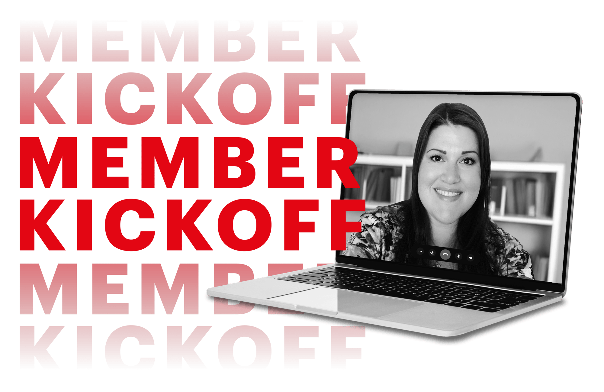 Ashley DeBellis on a laptop screen with Member Kickoff next to it. 