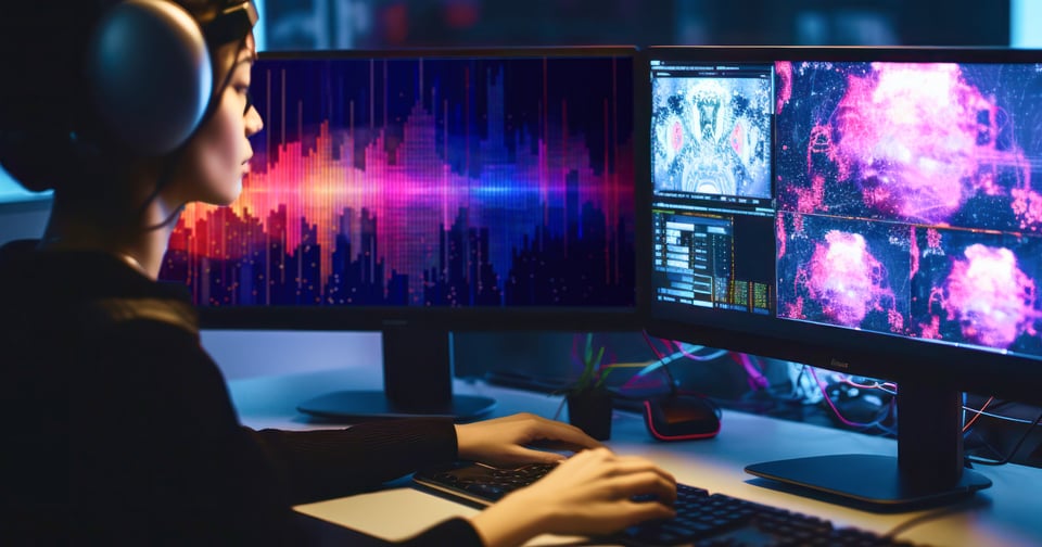 A woman sits in front of 2 computer monitors and types.