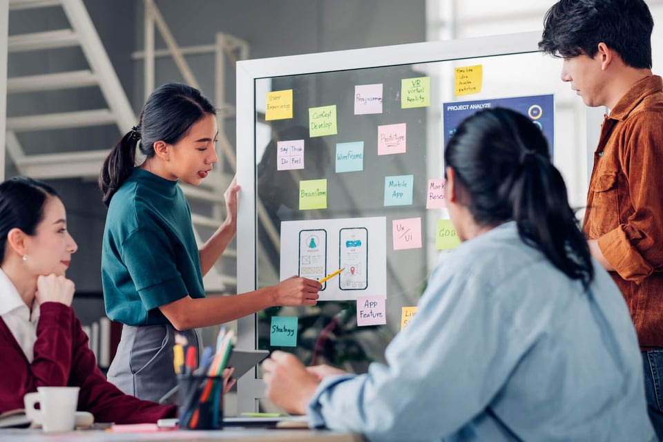 office workers looking at stickies on a board 