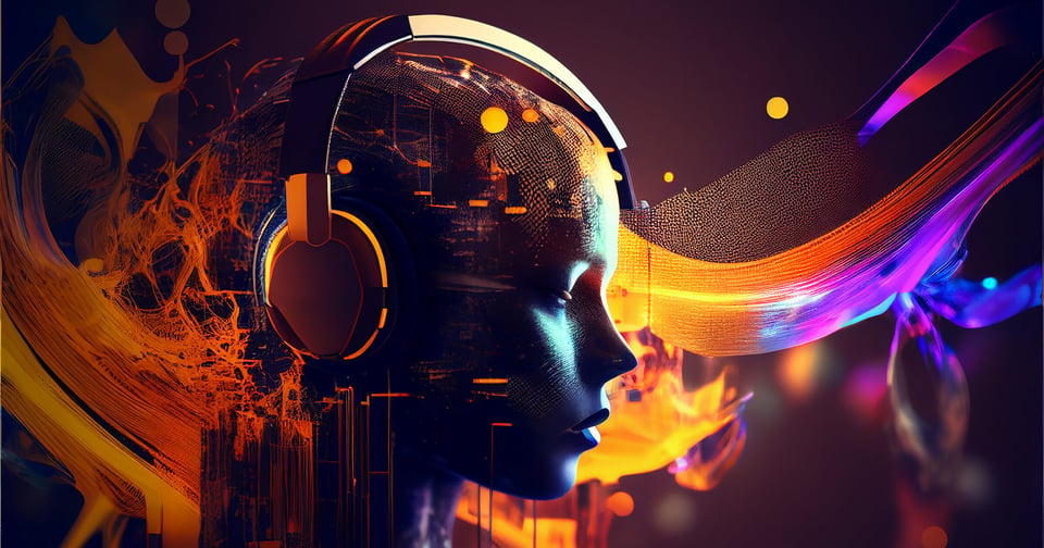 AI image of head wearing headphones with colored swirls in background