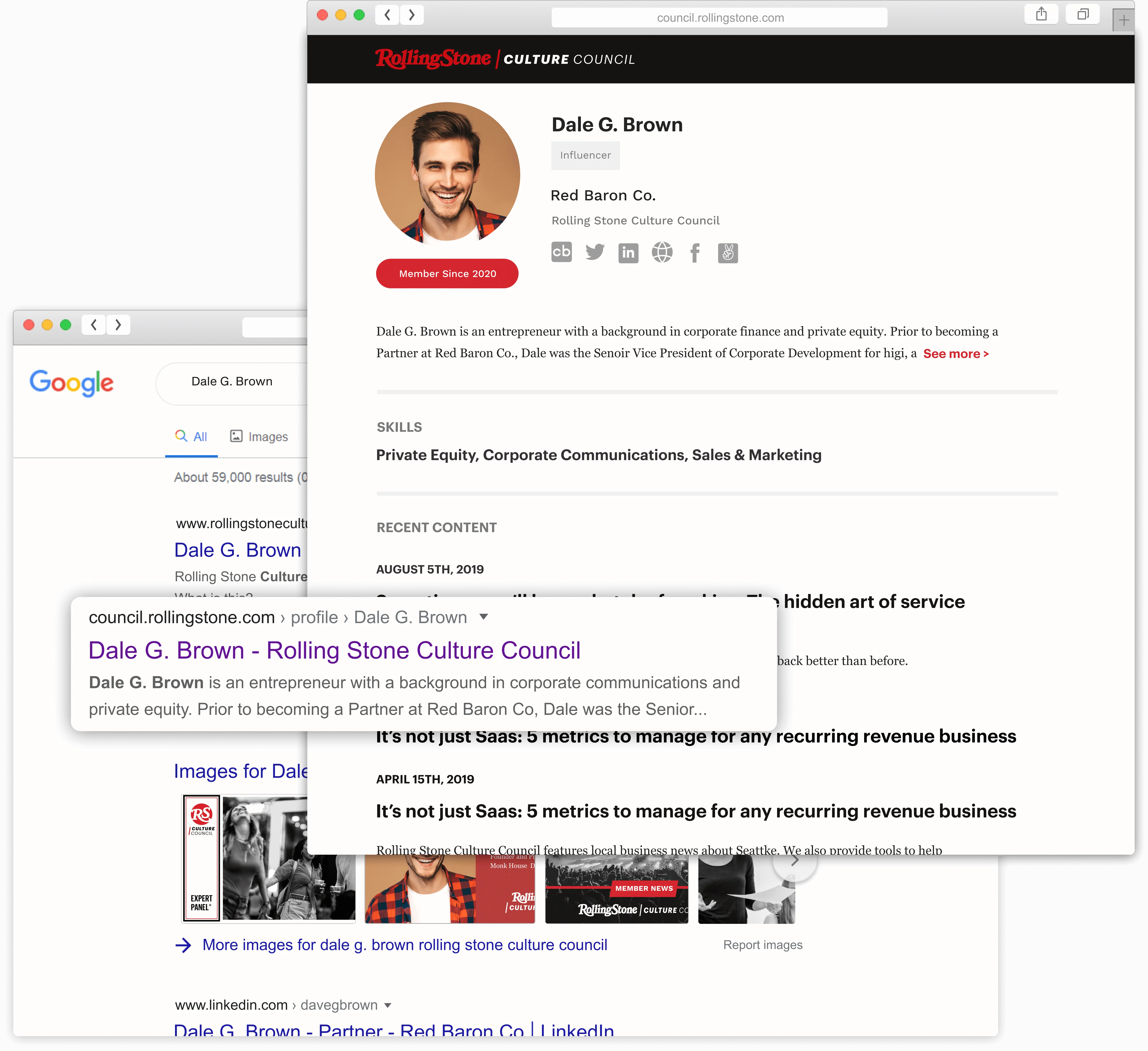 Member profile page on rollingstone.com and image of google search results for member