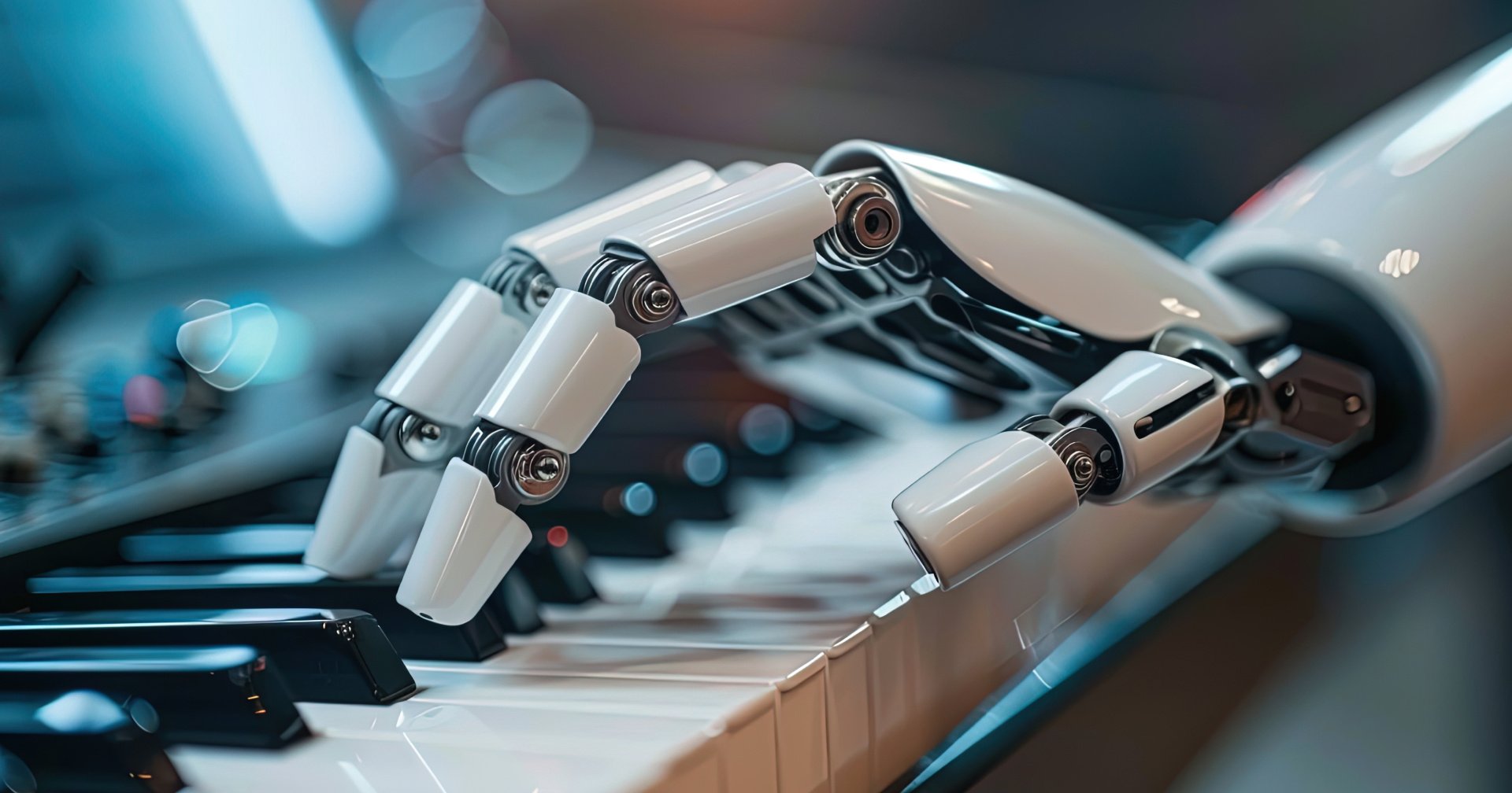 A robotic hand presses piano keys, illustrating the intersection of robotics and music.